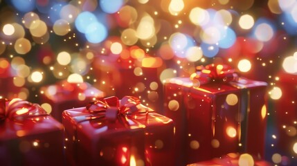 christmas gift boxes with bokeh lights in festive 3d illustration - obrazy, fototapety, plakaty