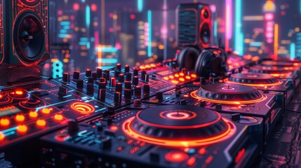 Fototapeta na wymiar Close-up of a vibrant 3D DJ setup with glowing neon controls