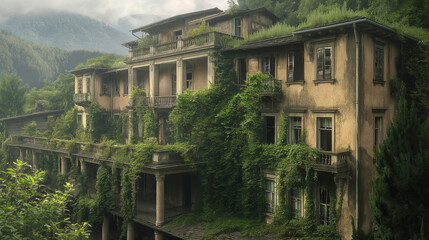 Fototapeta na wymiar This image shows a large, abandoned hotel. The hotel is covered in vines and plants, and the windows are broken. The sky is cloudy and there is a hint of sunlight peeking through the clouds.