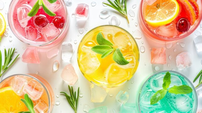 colorful soda drinks in glasses refreshing summer mocktails or cocktails top view