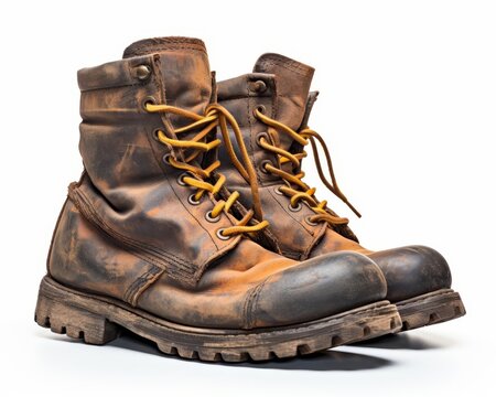 A pair of old, worn-out brown leather boots with yellow laces on a white background.