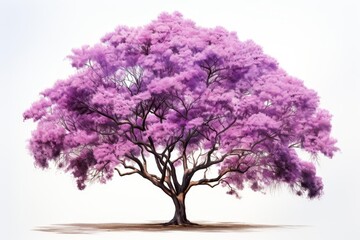 A tall, majestic tree with pink flowers in full bloom against a white background. - obrazy, fototapety, plakaty
