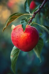 A beautiful red apple hanging on a tree branch with green leaves in the background.