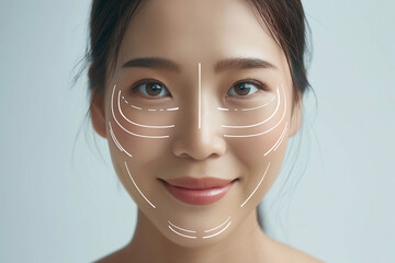 Asian women with lifting lines drawn in, demonstrating the process of contouring and tightening the skin.