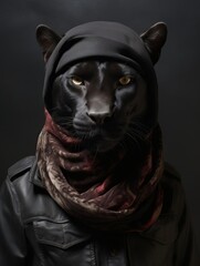 A black panther wearing a black hoodie and a scarf with a red and brown pattern