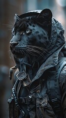 A black panther wearing a black tactical vest and a black hood