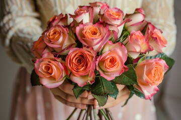 woman hands gently holding a lavish bouquet of roses