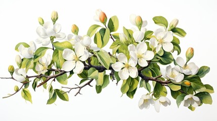A branch of a crabapple tree with white flowers and green leaves on a white background.
