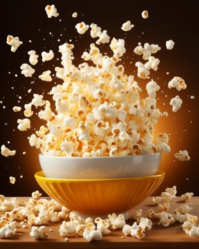 A bowl of popcorn with the kernels exploding out of it.