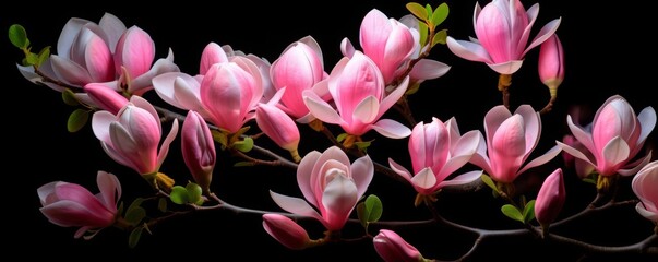 A branch of pink magnolia flowers on a black background