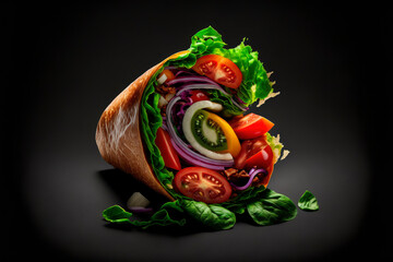 Naklejka premium kebab wrap, product studio photo, dark black background, fresh salad tomato onion, illustration generative ai