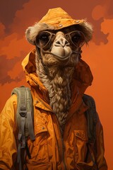 A camel wearing an orange raincoat and sunglasses, with a backpack on its back, standing in front of a sand dune.