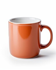 A ceramic mug with a handle. The mug is orange and has a white interior.