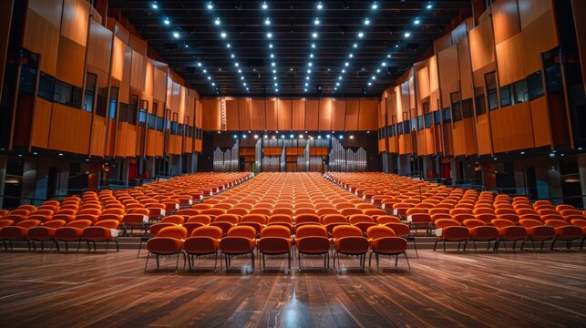 interior of a conference hall or cinema or theater with red armchair