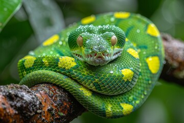 Emerald Tree Boa: Coiled on a tree branch with vibrant emerald green scales, contrasting with the environment