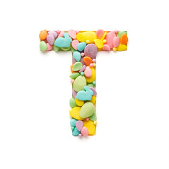 Capital letter is made of candies in the shape of Easter eggs on a white background.