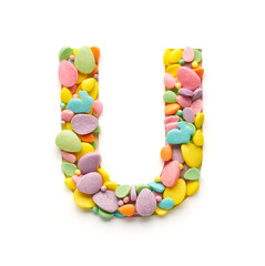 Capital letter is made of candies in the shape of Easter eggs on a white background.