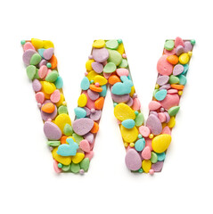 Capital letter is made of candies in the shape of Easter eggs on a white background.