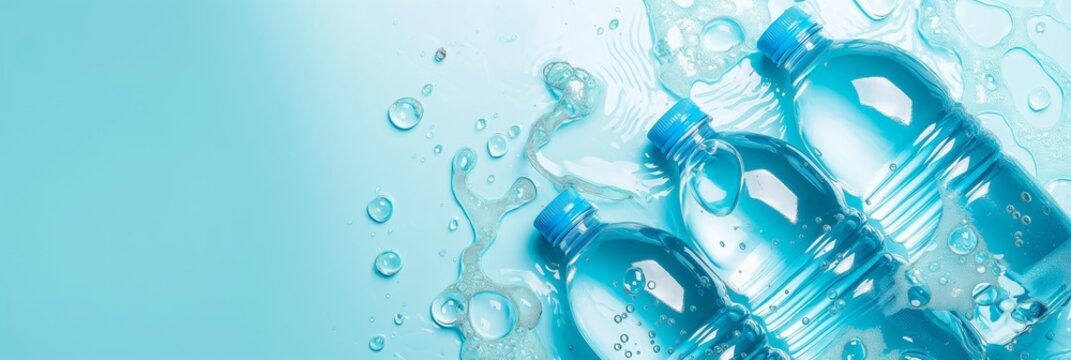Blue-toned image depicting water droplets and plastic bottles in motion, showcasing the fluidity of water and the concept of bottled hydration