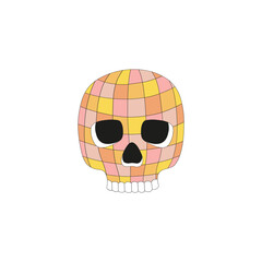 Retro groovy spooky disco ball in the form of human skull vector illustration isolated on white. Hand drawn linear style creepy braincase mirror ball print poster postcard design. October 31st