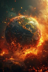 The Earth's globe is in danger of collapsing and being engulfed in flames due to the destructive impacts of global warming, a result of overexploitation by the finance and industry sectors.
