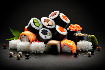 sushi and rolls studio photo of products, dark black background. Generative AI,
