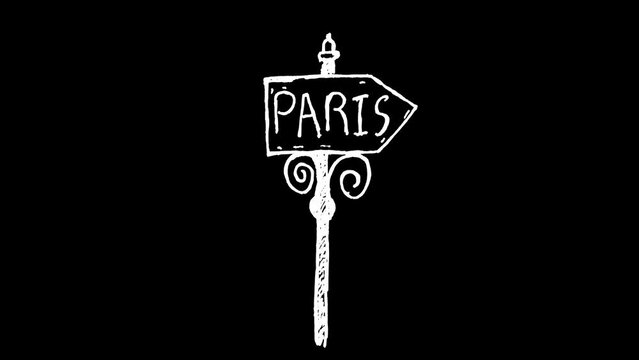 White wiggly hand drawn arrow Paris sign post doodle animation         