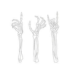 Retro spooky human skeleton bone hand gestures OK rock vector illustration set isolated on white. Hand drawn linear style creepy bones arm print collection. October 31st Halloween holiday party trick