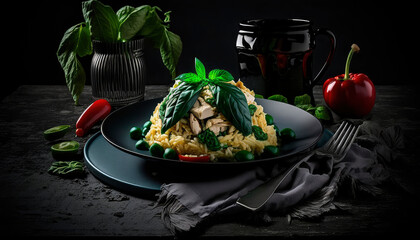 Rice with chicken risotto on a plate on a black background. Generative AI,