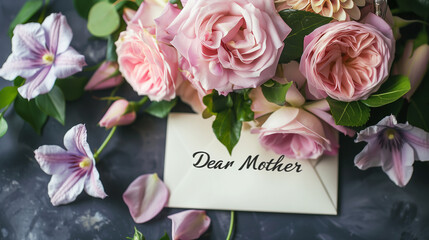 A postcard with flowers for mother's Day. Congratulations with roses and clematis for Mother's Day.