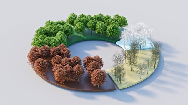 Rotating Pie Chart for ecological, sustainable, eco-friendly business concept. Financial figures, ecology, represented by common beech trees in different seasons.