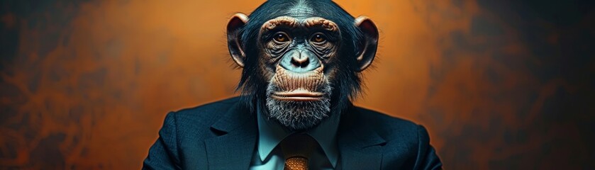 A stylish chimp donning a chic and contemporary outfit complete with a trendy tie. Fashion photography of a sophisticated anthropomorphic primate showcasing a charismatic and human-like demeanor.