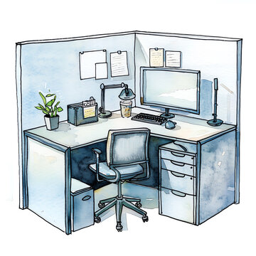 Minimalistic watercolor illustration of a cubicle office on a white background, cute and comical.