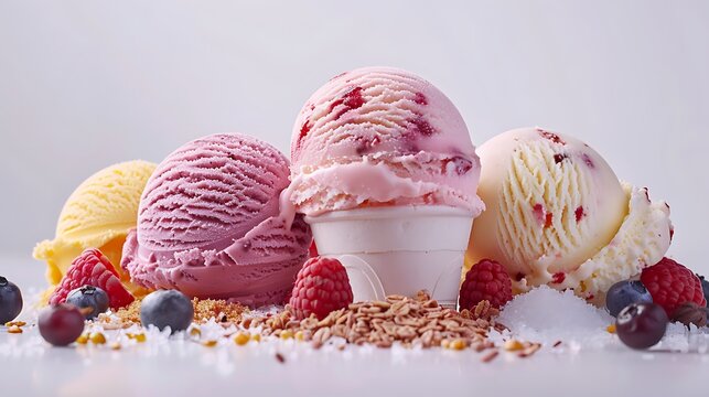 Scoops of different ice creams and ingredients on white background