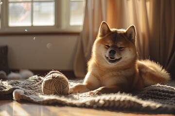 fluffy Shiba Inu is in the living room, dog vibe