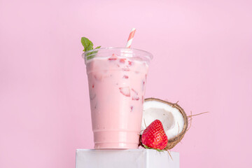 Strawberry coconut milkshake, creamy cocktail drink