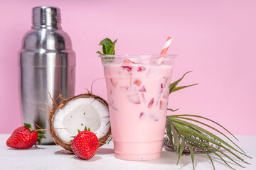 Strawberry coconut milkshake, creamy cocktail drink - obrazy, fototapety, plakaty