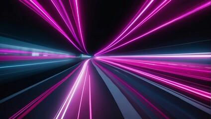 Speedy Motion on Night Lane. Magenta Light and Stripes Zooming Quickly over Dark Background.