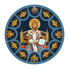 Naklejka premium Jesus the greatest Bishop sky round dome with 4 apostles and seraphim. Illustration in Byzantine style isolated