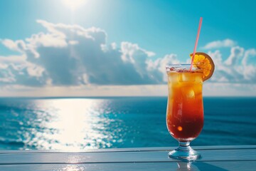 Refreshing cocktail on a railing overlooking a vibrant blue ocean under a sunny sky.