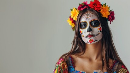 mexican woman with traditional dia de los muertos sugar skull makeup, cinco de mayo celebration