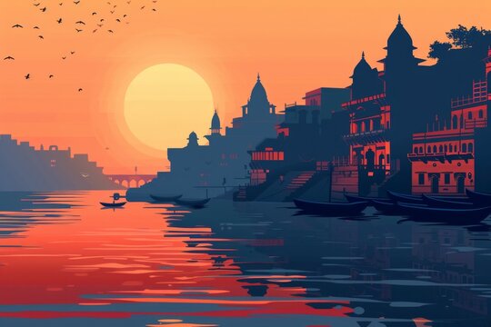 Majestic Sunset over the Iconic Varanasi Ghats along the Ganges River in India