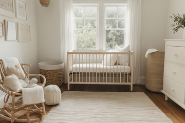 Creating a stylish and serene neutral-toned minimalist nursery room with modern furniture and cozy textiles for a contemporary interior design and comfortable baby room. Featuring natural light
