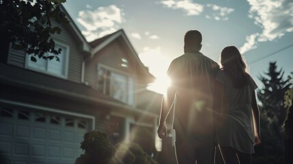 new homeowners hand-in-hand admiring home, rear view of couple gazing at new house