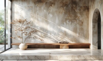 /imagine: prompt: A 3d rendering of a minimalist room with a textured concrete wall, marble floor, and wooden bench. There is a plant in a vase in the corner of the room. The room is lit by natural li