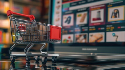 Small shopping cart with boxes on laptop computer background. Online shopping concept