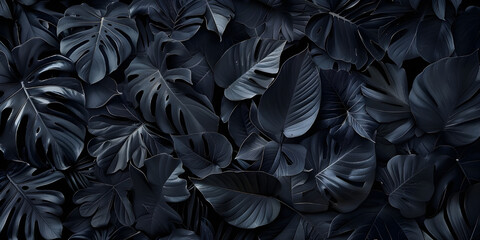 Tropical Leaf Background: Abstract Black Foliage, Dark Tropical Foliage: Abstract Leaves Background - Ai Generated - obrazy, fototapety, plakaty