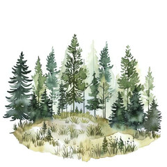 Minimalistic watercolor illustration of forest landscapes on a white background, cute and comical.