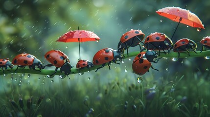 Artistic rendering of ladybugs with umbrellas on a dewladen stem emphasizing the interaction between small creatures and their environment suitable for environmental awareness campaigns