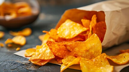 Potato Chips or Nachos with sauce On Table dark background